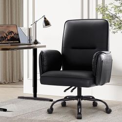 Home Office Desk Chairs,Upholstered PU Leather Office Chair with Sofa Armrests,Adjustable Height Swivel Computer Chair for Home,Office (Black)