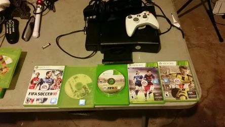X-box360 comes with one controller, 5 fifa games and a kinect camera