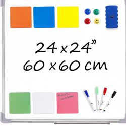Whiteboard Set - Dry Erase Board 24 x 24" with 1 Magnetic Eraser, 4 Dry Wipe Markers, 4 Magnets and 6 Magnetic Labels - Wall Hanging Reminder Kanban W