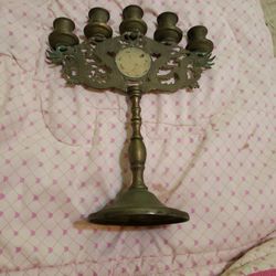 ANTIQUE Highly unusual brass Judea Sabbath candelabra with pierced jade medallion in the center.