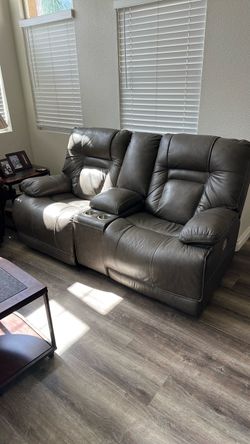Gray Leather Reclining Loveseat with Console