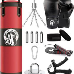 4FT Punching Bag for Adults/Kids, Unfilled Heavy Punching Bag, Boxing Bag Set with Punching Gloves, Wraps, Chain, Ceiling Hook for MMA Kickboxing Boxi