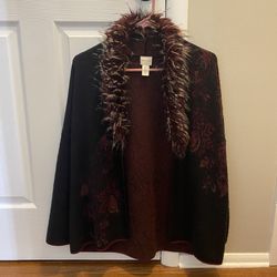 Women’s Sweater Black Brown Burgundy Chico’s Size 1 Petite Detachable Collar