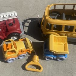 Green Toys School bus, Fire, Scooper Construction and Dump Trucks