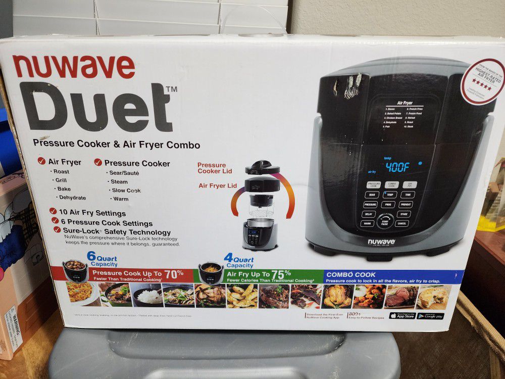 Nuwave Duet Pressure Cook and Air Fryer Combo Cook; Stainless Steel Pot &  Rack; Non-Stick Air Fryer Basket; Steam, Sear, Saute, Slow Cook, Roast,  Gril for Sale in Coweta, OK - OfferUp