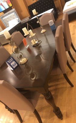 Brown Wood Dining Table Set with 6 Chairs