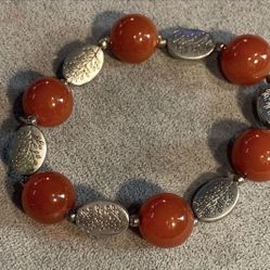 Stretch Carnelian And Silver Bracelet. Carnelian Is A Natural Gem Stone.  Matching Earrings And Ring On My Page. Tap Picture 