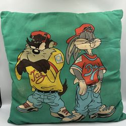 Vintage 1990s Bugs Bunny & Tasmanian Devil Pillow 17x17 Loony Tunes Pillow