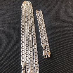 Silver Plated Mariner Chain and Bracelet 24" and 8" Textured