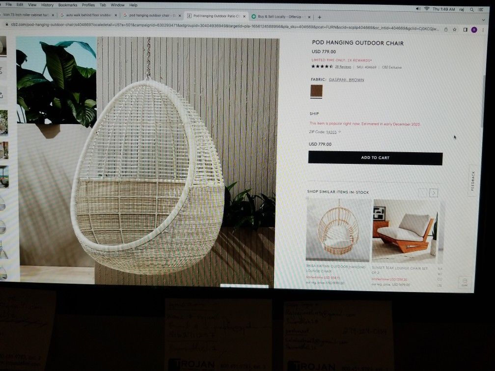 Pod Hanging Outdoor Chair With Cushion Cb2 New
