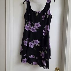 Hampton Nites Floral Black and Purple Sleeveless Dress. Purple Flower Dress.