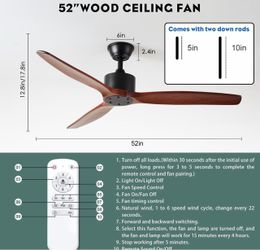 New 52'' Wood Ceiling Fan No Light, Indoor/Outdoor with Remote, Noiseless Reversible DC Motor 3 Blade Walnut Fan for Farmhouse Patio Living Room