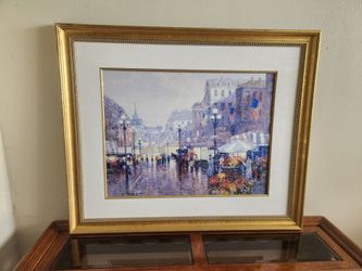 Vintage 1990's Print Framed Wall Hanging  Art Gold  Frame Spring Rain by Terelak 30x37