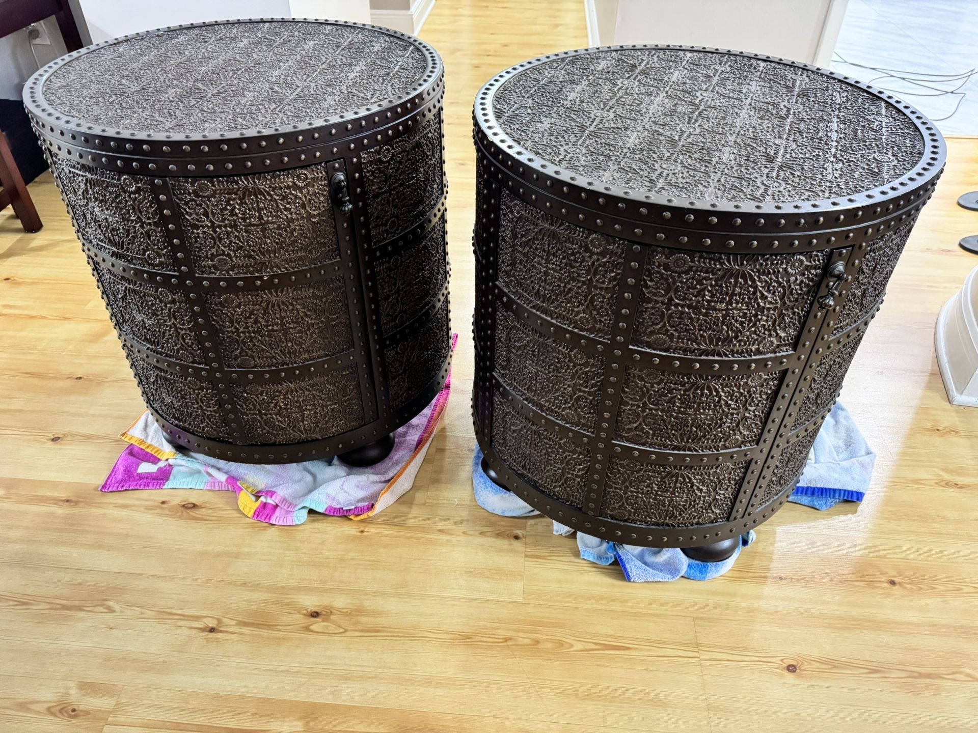 (2) Pair Of vintage style barrel cabinets or drum tables