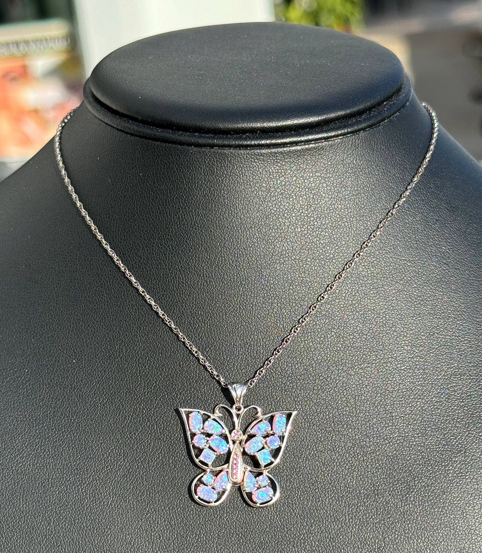 Jewelry .925 sterling silver wheat link chain necklace 18.00โ 1.00mm butterfly opal stone 2.50CTW pendant charm
