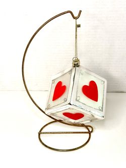 Vintage Glass Cube with Heart Details Ornament on Stand