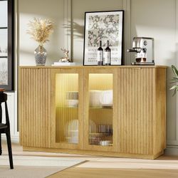 55'' Sideboard Buffet Credenza with Glass Doors LED Light Fluted Adjustable Shelves,Natural Oak