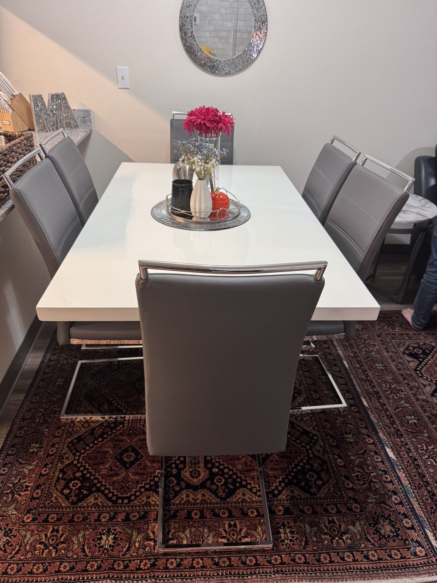 Modern white dining table Set 6 Grey Chairs