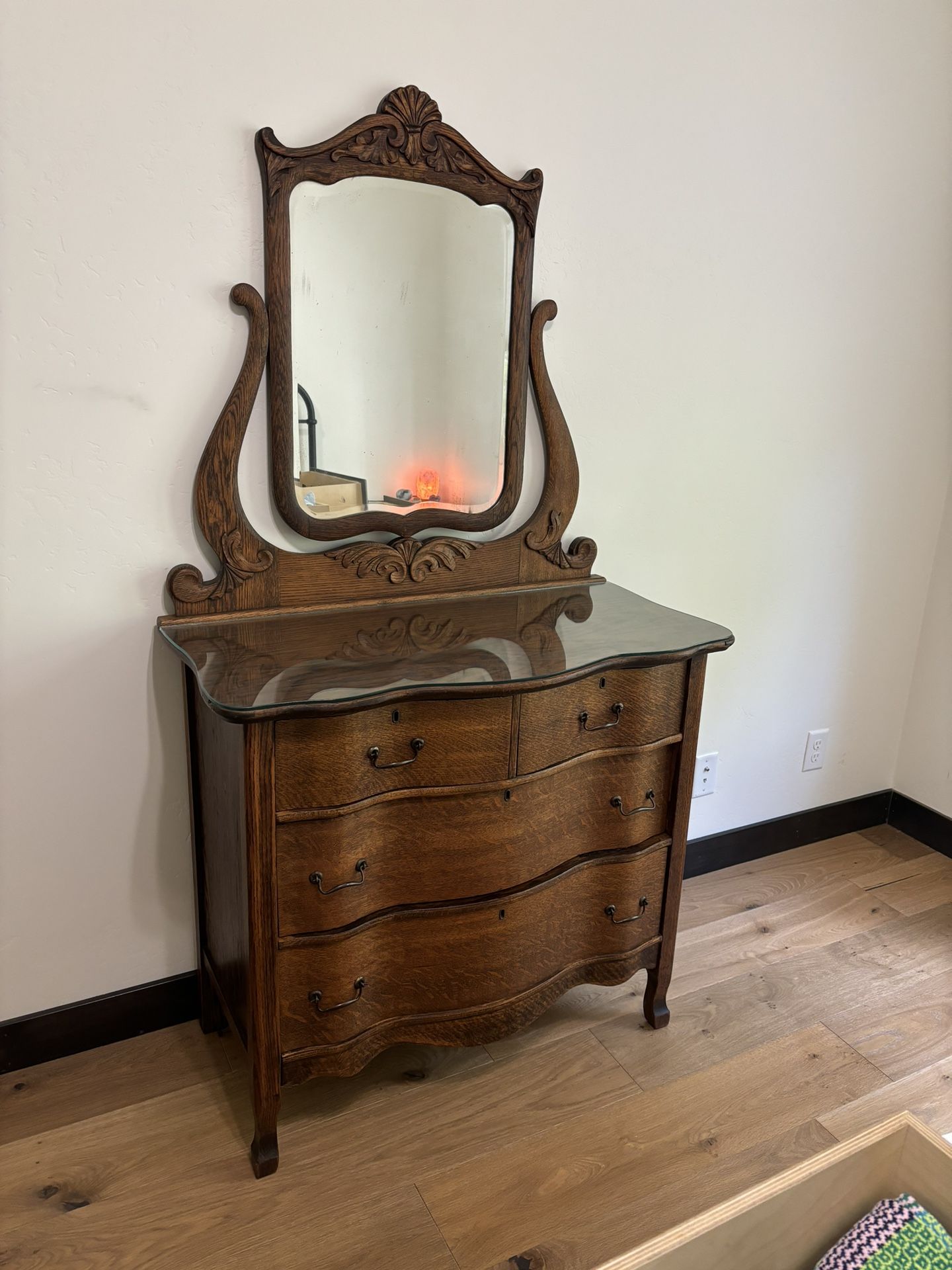 Antique Oak Dresser With Glass Top Protector