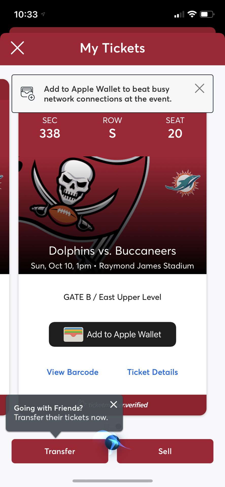 Bucs/Dolphins Game, Sunday Oct 10th, 1pm