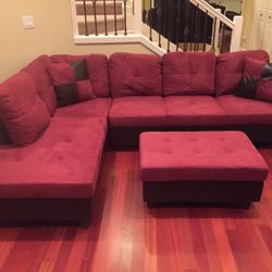 Red Microfiber Sectional Couch And Storage Ottoman