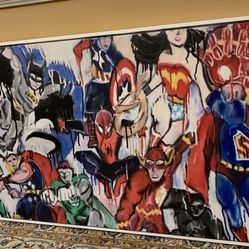 Large Original Painting Of Super Heroes In A Beautiful White Frame 24”x36”  If you see it here , it is available, local pick up or shipping available.