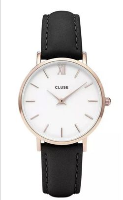 Cluse Women's Minuit White Dial Black Leather Rose Gold Case Watch CL30003 NWT