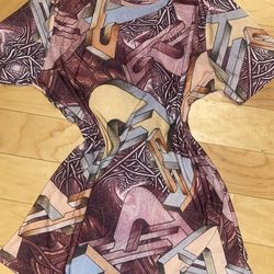 Sheer short sleeved shirt with complex abstract geometric pattern