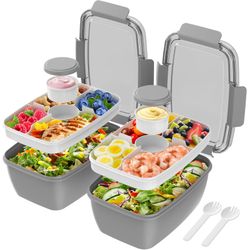 Cherrysea 2Pack Salad Lunch Container, 68oz Salad Bowls With 4 Compartments Tray,Leak Proof Lunch Box With Fork For Men,Women BPA-Free Snack Container