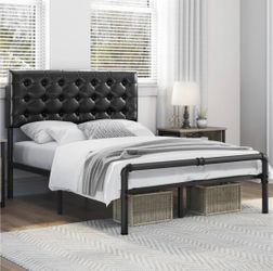 Brand New In Box Full Platform Bed With Button Tufted Headboard - Elegant Black