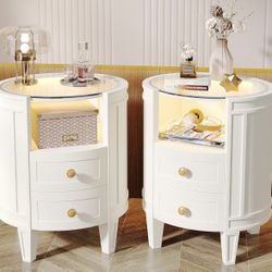 New assembled Set of 2 Nightstand with LED Glass Tabletop, Modern Ivory White Nightstand with 2 Drawers, No Assembly Required, Oval Bedside Table for 
