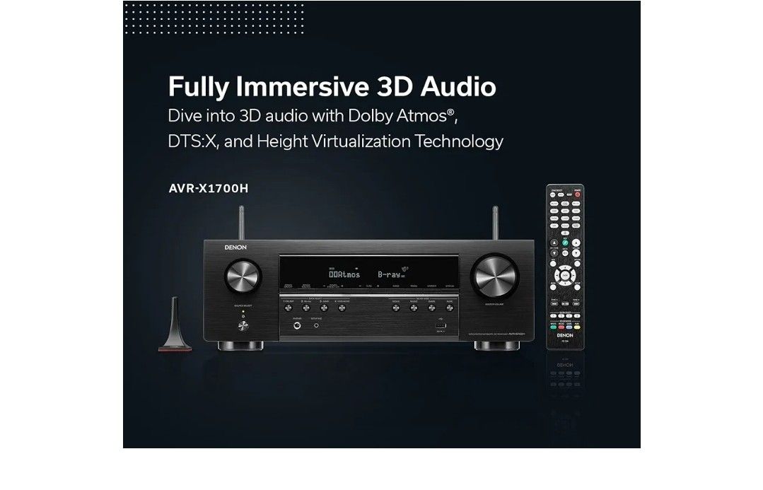 Denon AVR-X1700H 7.2 Channel AV Receiver - 80W/Channel, Advanced 8K HDMI Video w/eARC, Dolby Atmos, DTS:X, Built-in HEOS, Amazon Alexa Voice Control