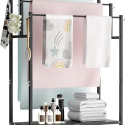 44 Inch Tall Free-Standing Towel Racks with 6 Hooks for Bathroom