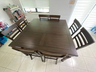 Dark Brown Wood Dining Table with 8 Chairs