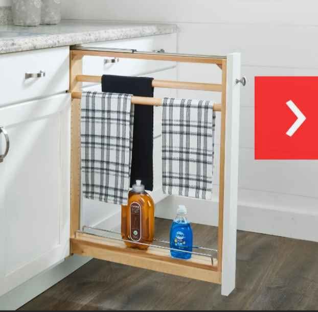 Rev-A-Shelf 6" wide Wood Base Towel Bar Filler Pullout Organizer for New Kitchen Applications