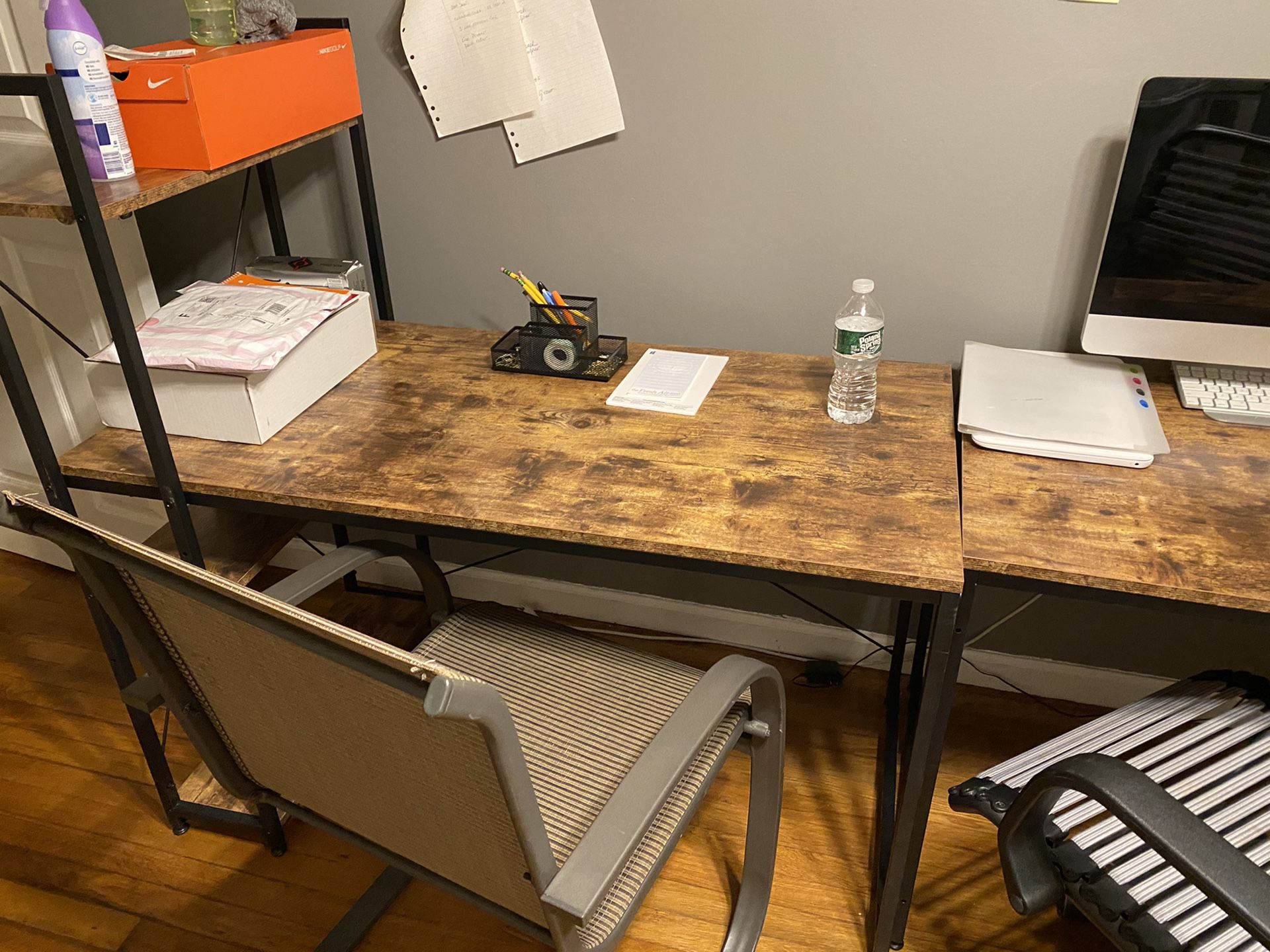 2 desks with shelves that join together “optional” 1 corner desk 1 table double benches slide under perfect for reading blueprints or for breakfast