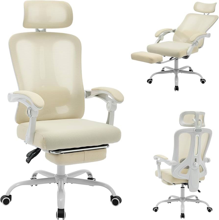 Ergonomic Office Chair,Swivel Task Chair with Adjustable Lumbar Support,Home Office Chair with Footrest,Mesh High Back Gaming Chair Off White