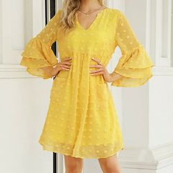 KOJOOIN- Size Small Womens Chiffon Dress V Neck Casual 3/4 Bell Sleeve Ruffle Hem Loose Flowy Shift Peplum Babydoll Dress. YES! IT'S STILL AVAILABLE

