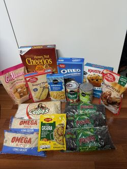 cereals,cake mix,cans,rices….