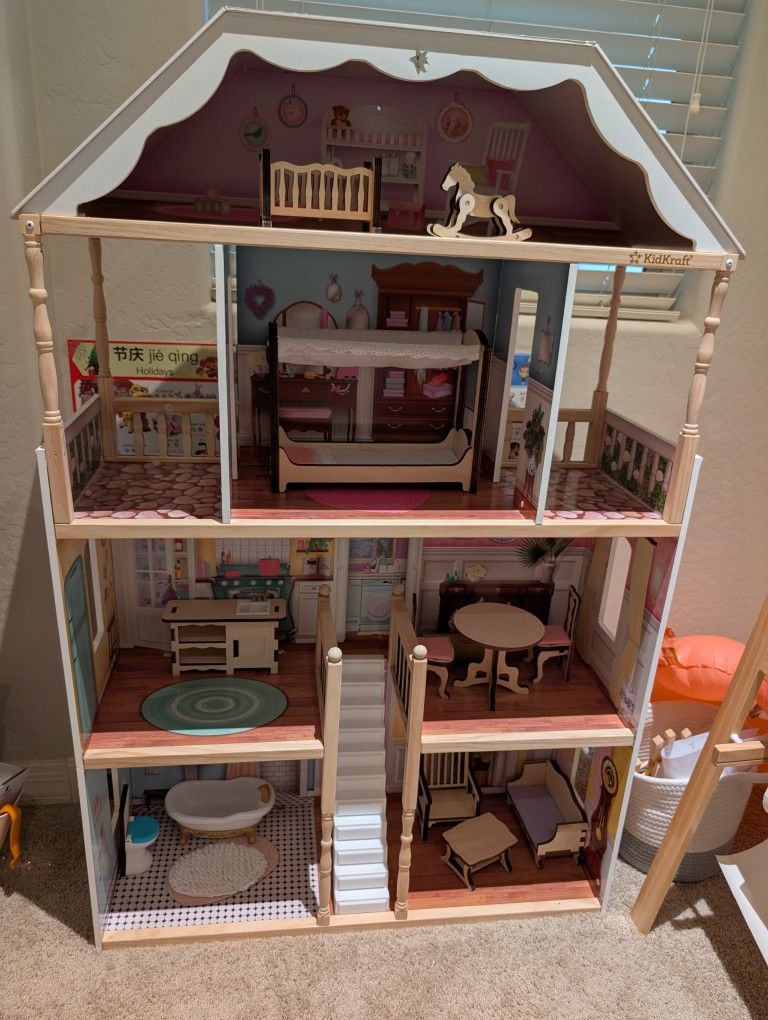 KidKraft Charlotte Classic Wooden Dollhouse with 14-Piece Accessory Set, for 12-inch Dolls