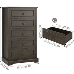 5 Drawer Tall Dresser, Chest of Drawers Storage Cabinet for Bedroom Living Room, Dark Brown  【5 Large Drawers】5 wide drawers provide plenty 