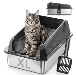 XL Cat Litter Box: High-Sided Anti-Urine Leakage Non-Stick Cleans 70% Faster - Large Stainless Steel Litter Box - No Odors, No Leakage, with Scoop & 4