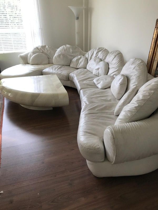 large real leather white sectional sofa couch + cake table