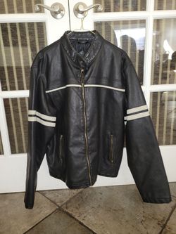 Black Leather Moto Jacket with White Stripes