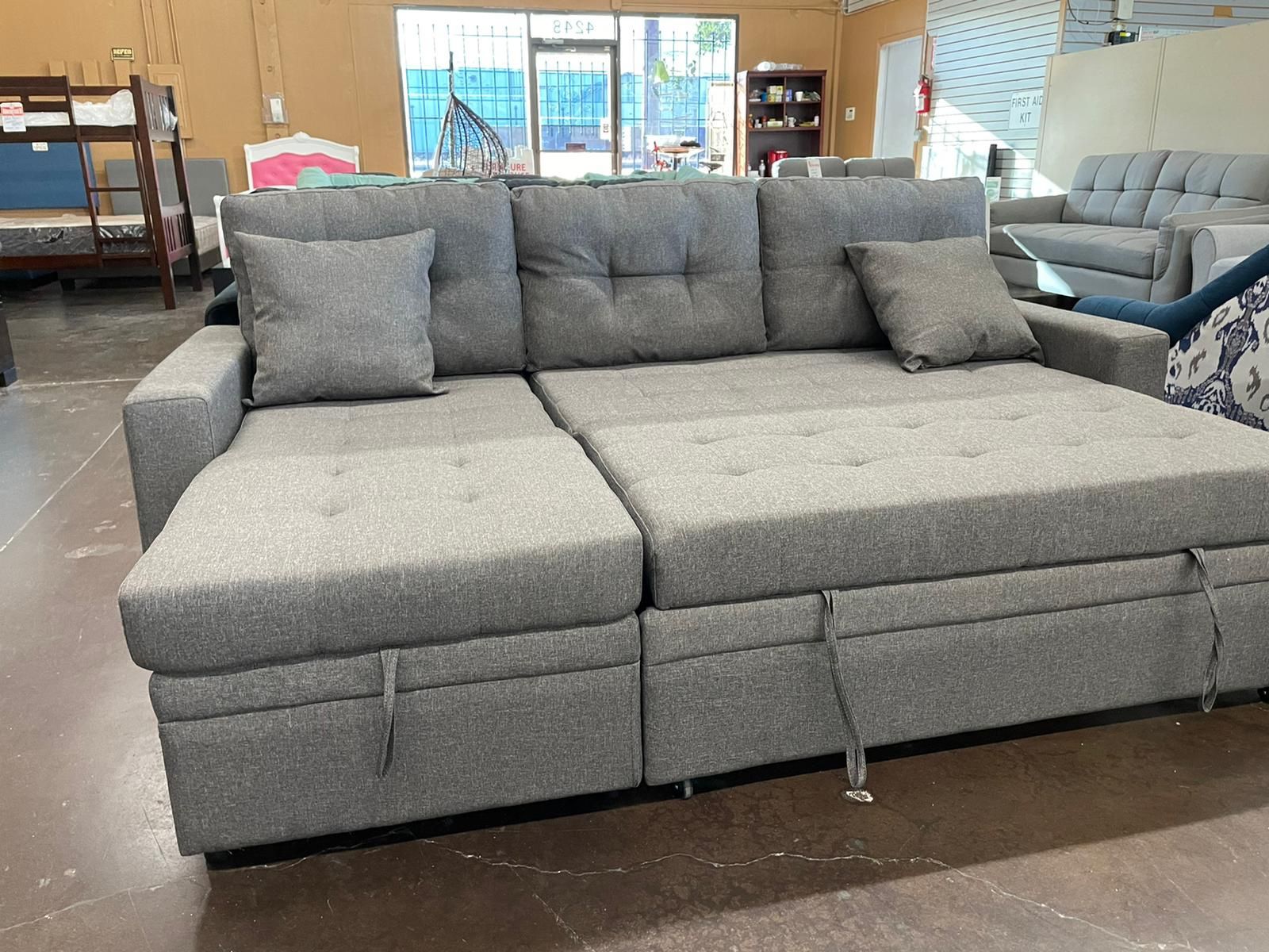 Reversible Gray Sofa Sleeper Sectional with Pull Out Bed