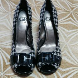 Gianni Bini Black And White Hounds Tooth And Patent Open Toe Shoes 