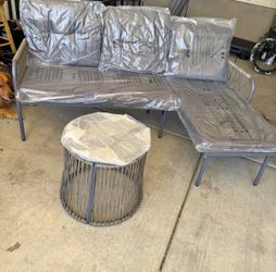 New  L-Shaped Black 3-Piece Wicker Outdoor Bistro Set, Rattan Furniture Set with Black Cushions and Coffee Table
