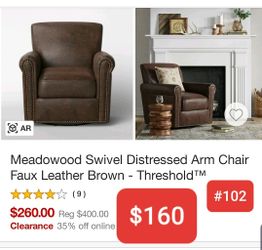 Swivel arm chair faux leather brown