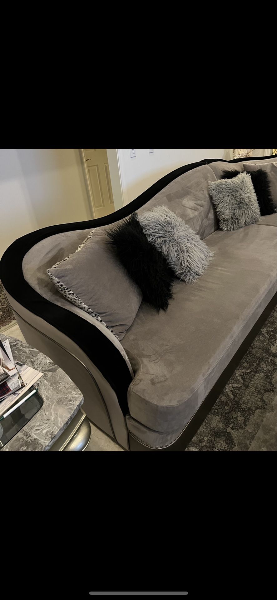 Michael Amini Hollywood Swank Taupe Gray Grey Black Velvet 4 Piece Set Two Piece Sectional & Two Arm Chairs  