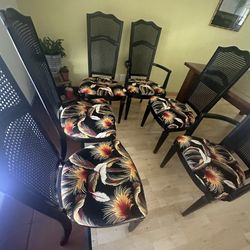 Set of 6 High Back Black Cane Dining Chairs w/ Hawaiian Pattern Upholstery